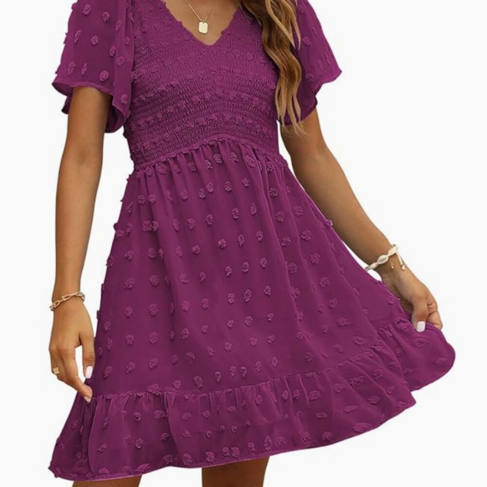 Womens Smocked Short Sleeve V Neck Mini Dress Summer Swiss Dot Flowy Short Dress